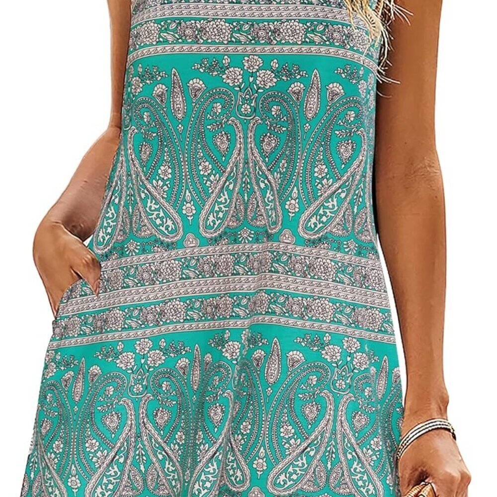 Summer Floral Tank Dress Women Boho Pockets Casual Swing Fit Above Knee